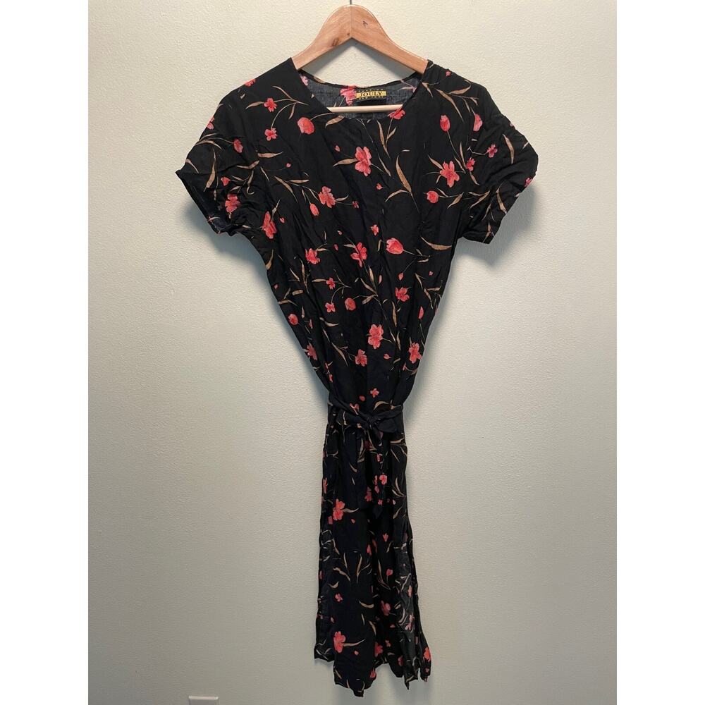 Vintage Womens Dress Size Medium Black Floral Belted Romantic Cottagecore 90s